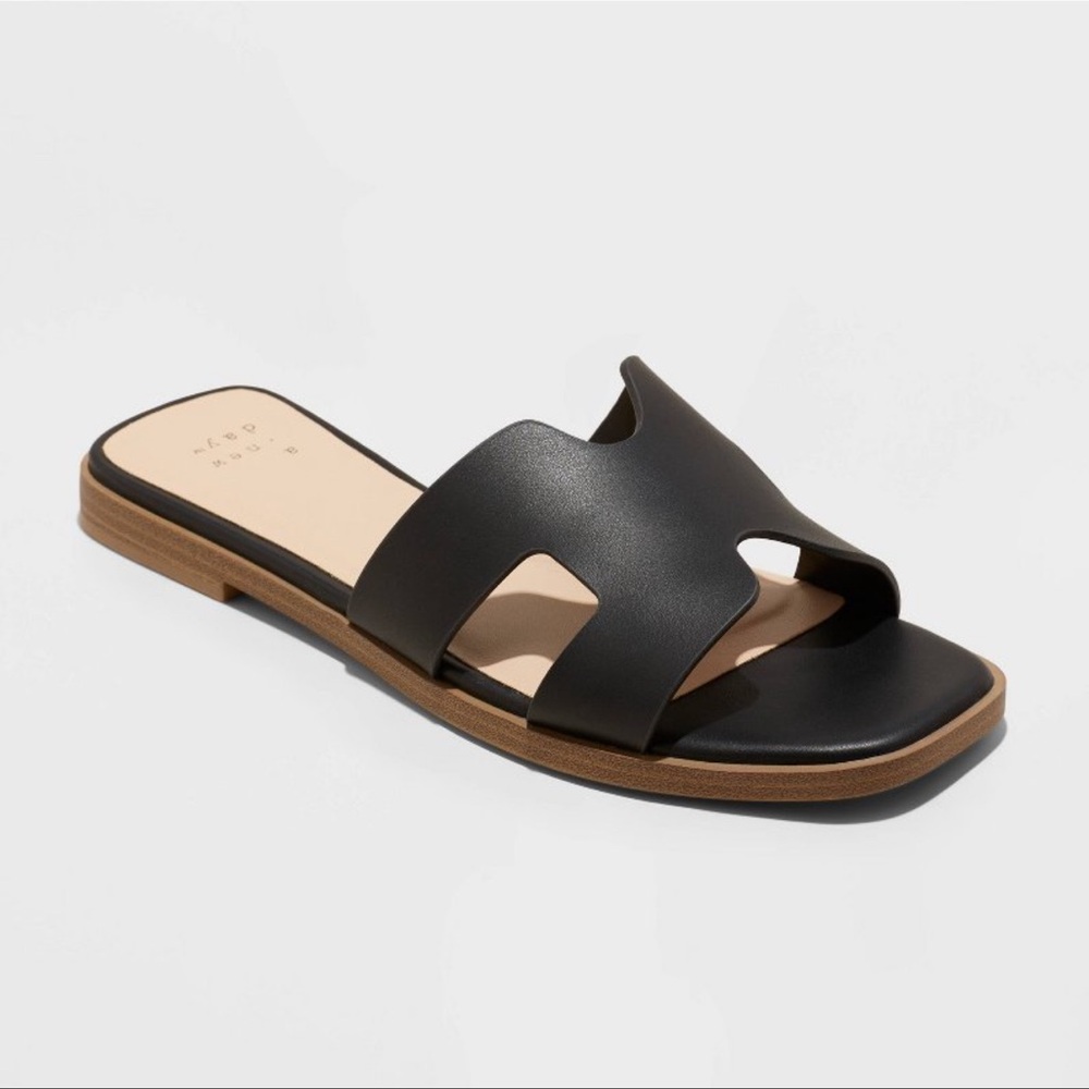 Women's Nina Slide Sandals  A New Day Black Size 9.5 Faux Leather Slip-On Sandal